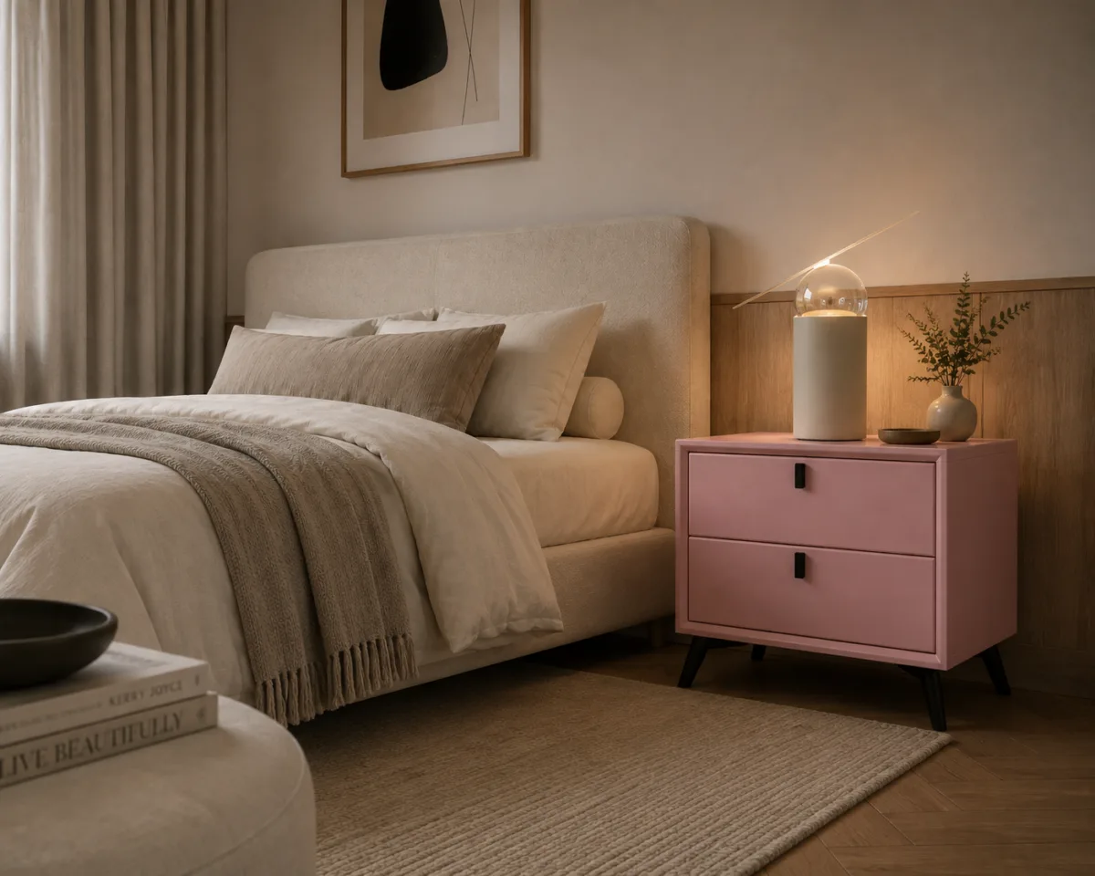 Noptieră premium din MDF și piele ecologică Paris Pink - imagine 2