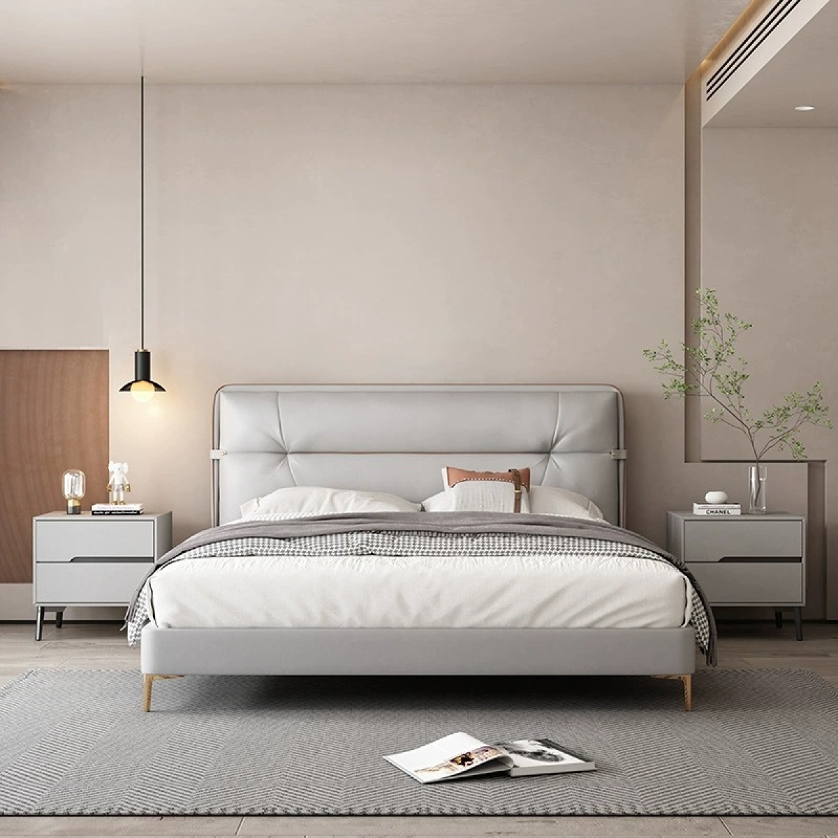 Noptieră modernă cu piele ecologică și picioare metalice Roma Grey - imagine 5 - Homuse