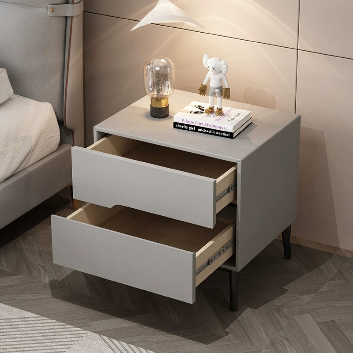 Noptieră modernă cu piele ecologică și picioare metalice Roma Grey - imagine 6 - Homuse