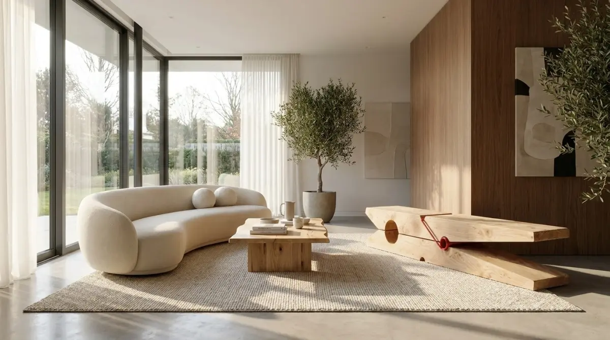 Imagine lifestyle pentru Banchetă din lemn masiv 150x30x40cm, într-un interior modern.