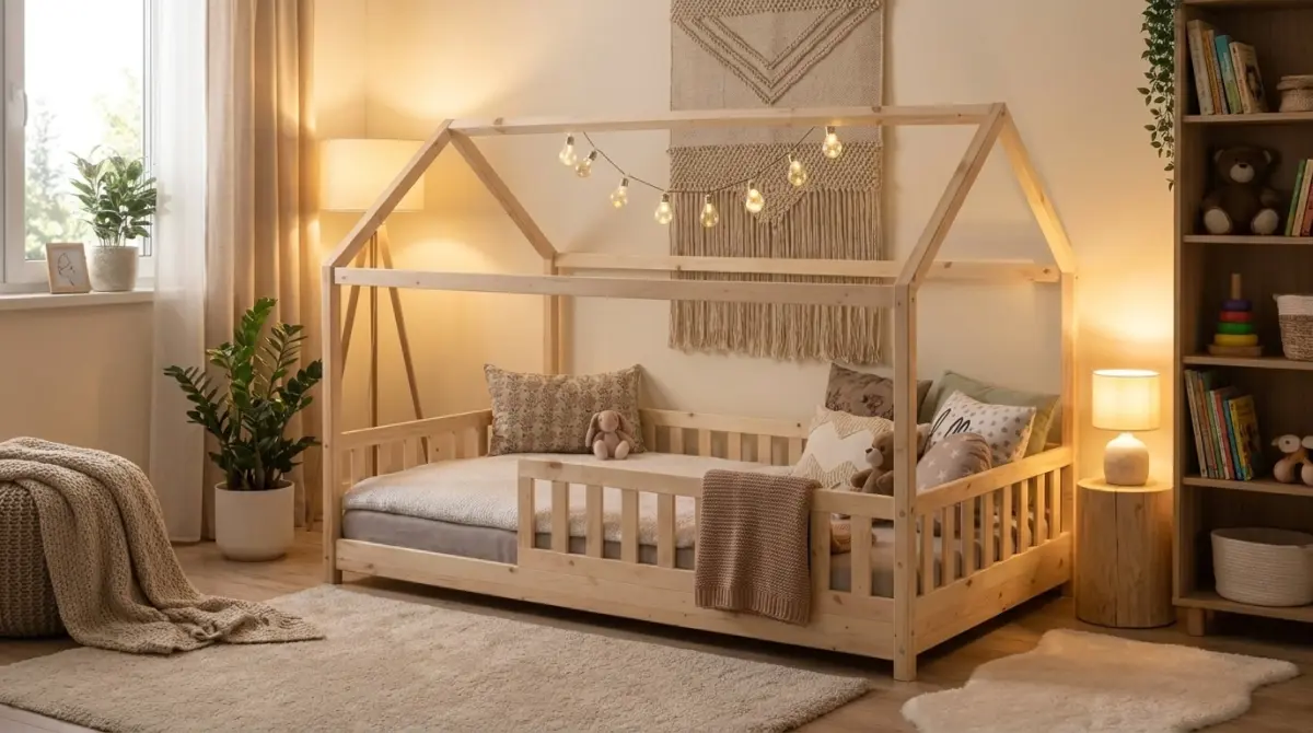 Imagine lifestyle pentru Pat copii tip Montessori 200x90 cm Oak, într-un interior modern.