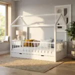 Imagine lifestyle pentru Pat copii tip Montessori cu spațiu de depozitare 200x90 cm Alb, într-un interior modern.