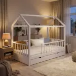 Imagine lifestyle pentru Pat copii tip Montessori cu spațiu de depozitare 200x90 cm Alb, într-un interior modern.