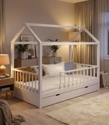 Imagine lifestyle pentru Pat copii tip Montessori cu spațiu de depozitare 200x90 cm Alb, într-un interior modern.