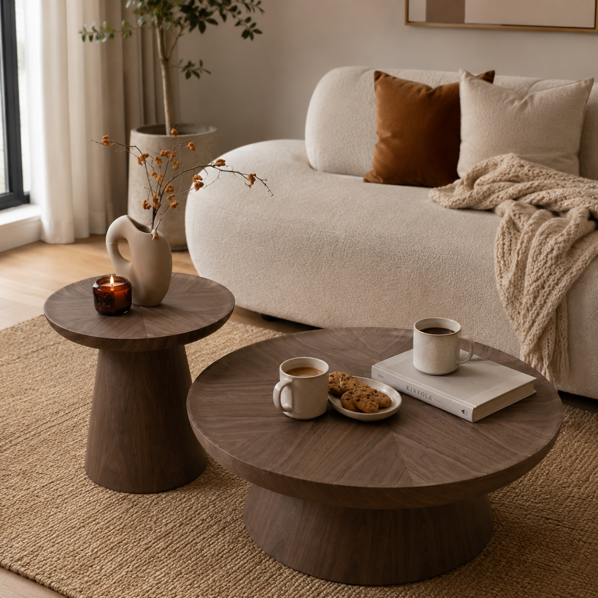 Set Masuțe de Cafea Japandi, 2 Piese diametru 80 cm si 50 cm, Finisaj Nuc - imagine 4