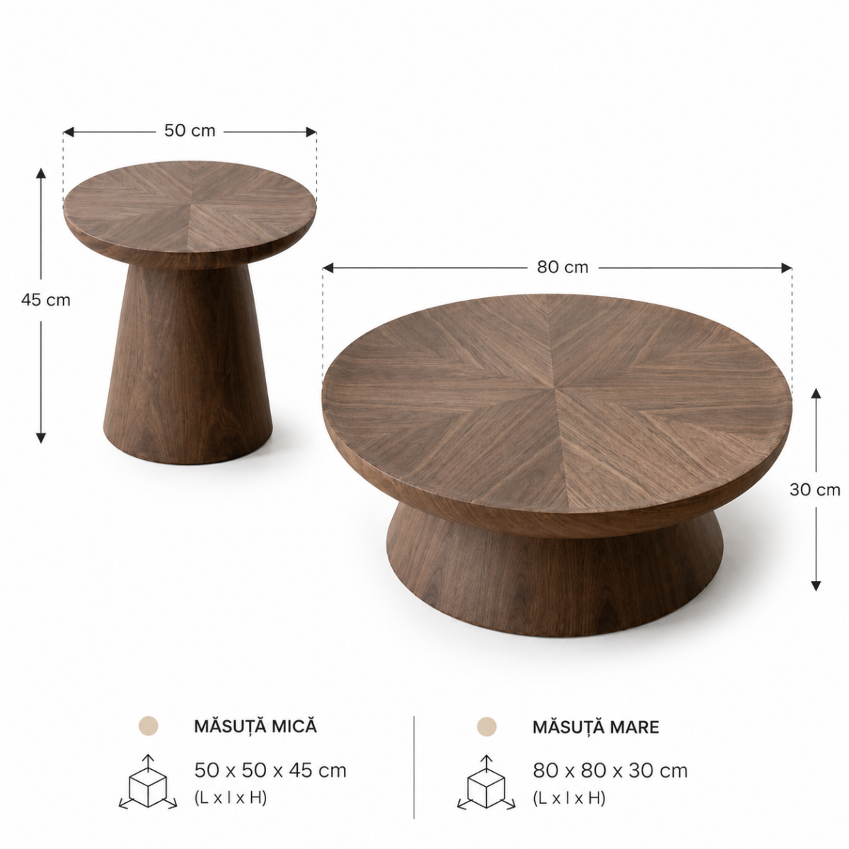 Set Masuțe de Cafea Japandi, 2 Piese diametru 80 cm si 50 cm, Finisaj Nuc - imagine 5