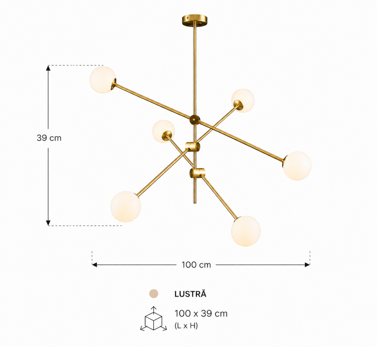Lustră Orion Gold cu 6 surse de lumina 100 x 39 cm - imagine 4