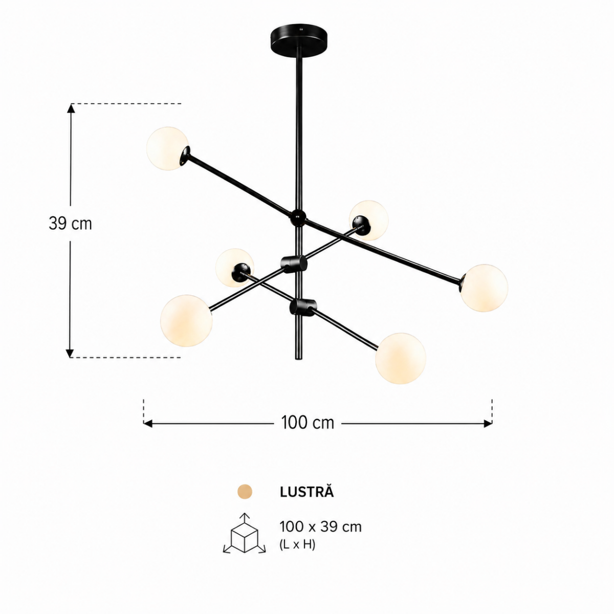 Lustră Orion Black cu 6 surse de lumina 100 x 39 cm - imagine 5